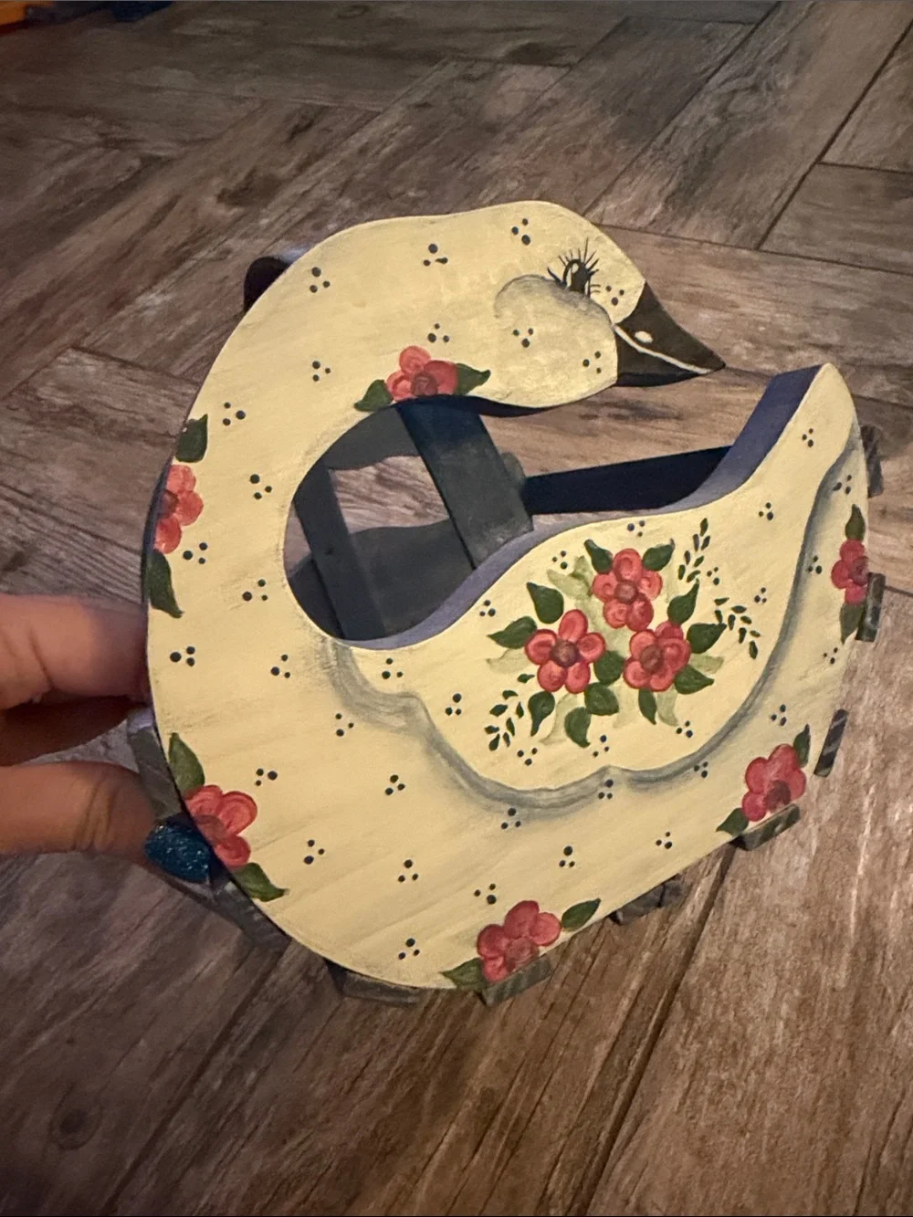 Vintage Wooden hand painted Goose Basket with handle blue